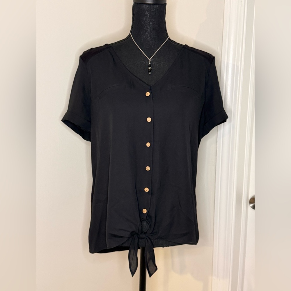 Elegant Black Button-Down Tie-Front Shirt
